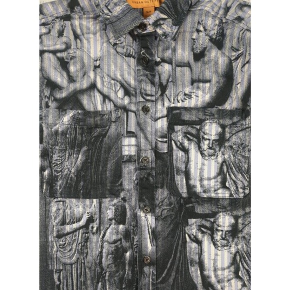 Urban Outfitters Short Sleeve Thick Denim Heavy Greek Roman Statue Shirt sz S - Picture 2 of 5